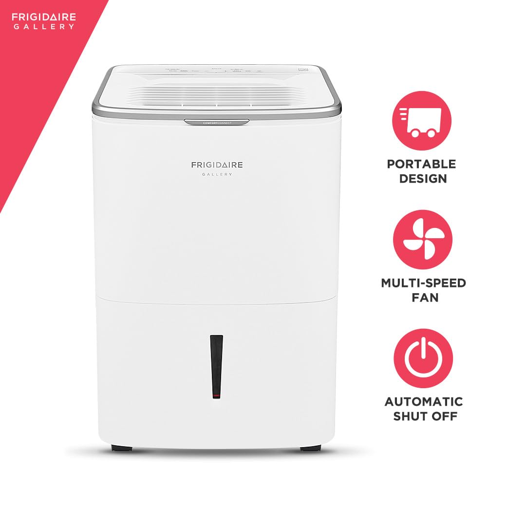 Frigidaire 50 Pint Wi-Fi Connected Dehumidifier, 4,500 Square Foot Coverage, Ideal for Large Rooms and Basements, 1.7 Gallon Bucket Capacity, Continuous Drain Option
