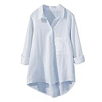 Minibee Women's Long Sleeve Shirts Button Down Blouse Cotton Tunic High Low Tops