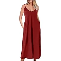 Lightning Deals Women Strappy Midi Dress Scoop Neck Casual Summer Dresses Solid Elegant Vacation Dress Holiday Flowy Sundress Swim Suit Cover Up Wine