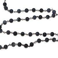 Black Matte 6MM Faceted Rondelle Gemstone Beaded Rosary Chain by Foot For Jewelry Making - 24K Gold Plated Over Silver Handmade Beaded Chain Connectors - Wire Wrapped Bead Chain Necklaces