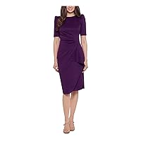 Xscape Womens Purple Pleated Ruched Partially Lined Pouf Sleeve Round Neck Below The Knee Wear to Work Sheath Dress Petites 4P