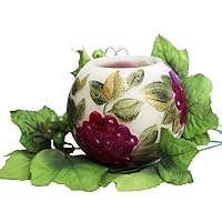 Large Round Genuine Wax Coated Flickering Flameless Candle with Timer Feature Hand Painted Grapes and Vines Grapevines Design Mediterranean Decor