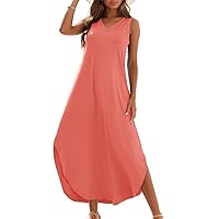 Zilcremo Women's Summer Casual Loose Sundress Long Dress Sleeveless V Neck Split Tshirt Maxi Dresses
