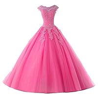 Ball Gown Quinceanera Dresses Tulle Long Prom Party Gowns Sweet 16 Formal Dress Hot Pink US 4