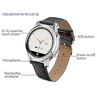 SmartSyncWatch (Silver Round Case & Black Leather Strap) : SmartWatch , Connect Sync to iOS (iPhone/iPad) / Android SmartPhones for Notifications, Calls, Phonebook, Music, etc. Built-in Pedometer.