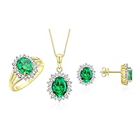 Rylos Princess Diana Inspired Matching Set, Yellow Gold Plated Silver Ring, Earrings & Pendant with 18