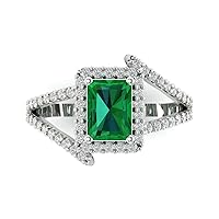 Clara Pucci 2.07ct Emerald Cut Solitaire with Accent Halo Criss Cross Simulated Green Emerald designer Modern Ring 14k White Gold