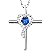 Cross Birthstone Necklace for Women 925 Sterling Silver Heart Necklace Crucifix Pendant Jewelry Birthday Gifts for Girls Mom Daughter Her Sep