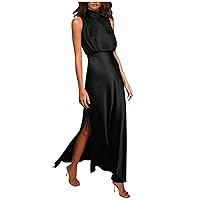 Women's 2023 Summer Satin Dress Elegant Mock Neck Sleeveless Party Dress Solid Color Cocktail High Split Maxi Dress