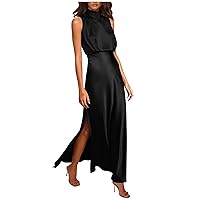 Womens Two Piece Mock Neck Cocktail Dress Casual Elastic High Waist Wedding Guest Dress Satin Silk Split Maxi Dress