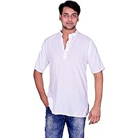 Men's Indian Button Down Shirt Shirt Kurta Solid White Color Tunic 100% Cotton Short Sleeve Big Tall