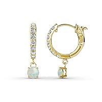 Round Opal and Diamond 5/8 ctw Women Dangle Huggie Hoop Earrings 14K Gold