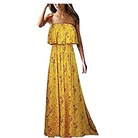 NP Women's Floral Prints Ruffle Hem Strapless Bohemian Floor-Length Dress