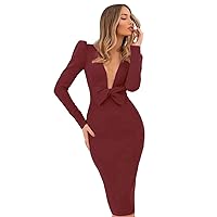 Women's V Neck Long Sleeves Evening Dresses Mermaid Satin Prom Gowns Brick Red
