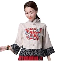 Cheongsam Women Plus Size Tops Autumn Linen Embroidery Prints Stand Collar Chinese Style Shirts Woman