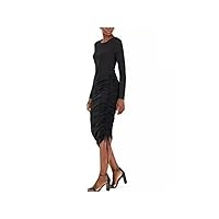 Womens Black Ruched Unlined Tie Long Sleeve Crew Neck Below The Knee Body Con Dress Plus X
