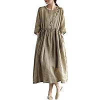 Women Summer Casual Dress Vintage Style Floral Embroidery Loose Comfortable Female Cotton Linen Long Dresses