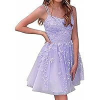 Women's Lace Appliques Homecoming Dress Spaghetti Straps Tulle Formal Party Evening Gowns