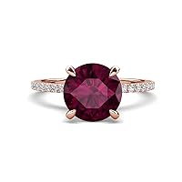 Center Round Rhodolite Garnet 8.00 mm set in Tiger Claw Four Prong with side Lab Grown Diamond of 0.35 ctw Women Hidden Halo Engagement Ring 14K Gold