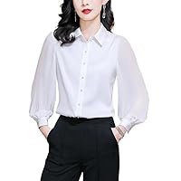 Elegant Chiffon Blouses Women Collar Office Shirt Thin Top Pleated Long Sleeves Mom Summer