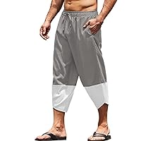Men's Linen Harem Capri Pants Lightweight Loose 3/4 Shorts Drawstring Elastic Waist Casual Beach Yoga Trousers