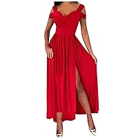 Summer Boho Cold Shoulder Sleeve Cocktail for Women Low Cut Work Solid Color Sweetheart Neckline Ruffle Fit Stretch Polyester Dress Women Red
