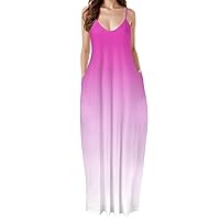 Women's 2024 Summer Dress Casual V Neck Spaghetti Strap Gradient Tie Dye Loose Baggy Maxi Sundresses with Pockets