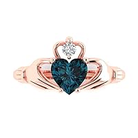 Clara Pucci 1.52ct Heart Cut Irish Celtic Claddagh Solitaire Natural London Blue Topaz gemstone designer Modern Ring 14k Rose Gold