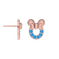 2MM Swiss Blue Topaz Round Cut Mickey Mouse Earring For Womens Tiny Girl 14K Rose Gold Over Sterling Sliver
