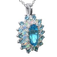 Ladies Solid 925 Sterling Silver 12x6mm Natural Blue Topaz & Opal 3 Tier Large Cluster Pendant Necklace
