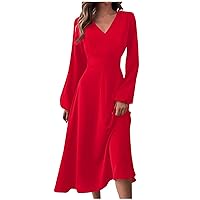 Fall Maxi Dress for Women, 2023 Casual Fashion V-Neck Long Sleeve Plus Size Waisted Solid Color Maxi Dresses