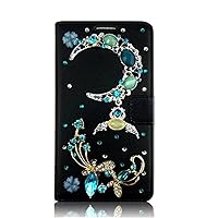 Crystal Wallet Phone Case Compatible with Samsung Galaxy S22 Plus - Butterfly Moon - Green&Black - 3D Handmade Glitter Bling Leather Cover with Screen Protector & Neck Strip Lanyard