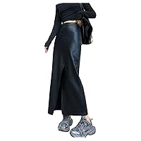 Genuine Leather Skirt for Women, Sheepskin Wrap Long Mid Length Front Slit Ankle-Length Skirt