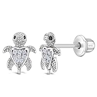 925 Sterling Silver Girl's Sea Turtle Earrings with Safety Screw Backs for Toddlers & Young Girls - Hypoallergenic Turtle Stud Earrings for Children & Teens - Turtle Earrings for Kids