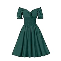 Women Vintage Off Shoulder Smocked Evening Dress V Neck Puff Sleeves 50s 60s Wedding Cocktail A Line Tea Party Dress
