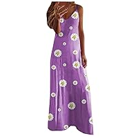 Maxi Sundresses for Women Summer Cute Floral Print V Neck Beach Long Dresses Loose Sleeveless Sexy Soft Slip Dress