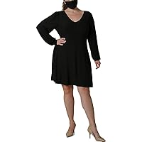 Womens Black Floral Long Sleeve V Neck Knee Length Trapeze Dress Plus 1X