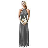 Women's Halter Velvet Bridesmaid Dresses A Line Sleeveless Long Formal Evening Prom Gown with Pockets MA24
