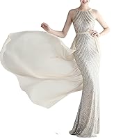 Women's V-Neck Sleeveless Sequins Floor-Length Mermaid Evening Dress