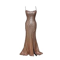2024 Glitz Gold Sequined Fabric Mermaid Bridesmaid Wedding Party Guest Dresses for Women with Straps