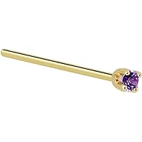 Body Candy Solid 14k Yellow Gold 2mm Purple Cubic Zirconia Straight Fishtail Nose Stud Ring 20 Gauge 17mm