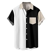 Mens Button Down Beach Shirts, Casual Colorblock Hawaiian Shirt Slim Fit Short Sleeve Tee Shirt with Chest Pocket