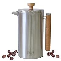 Stellar Living 34 OZ Stainless Steel French Press Coffee Maker with Double Vacuum Insulation, Maximum Flavor Coffee Brewer, Tea and Coffee Press, Camp Coffee Maker - Matte Silver with Wooden Handle