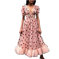Women Dress Strawberry Sequin Embroidery Lace-Up Sleeve V-Neck Elastic Waist Tulle Fairy