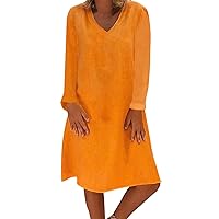 Cotton Linen Long Sleeve Dresses for Women 2024 Fall Oversized V Neck Tshirt Dresses Solid Casual Shift Midi Dress