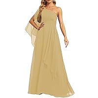 Bell Sleeve One Shoulder Chiffon Bridesmaid Dresses for Women Long Ruffle Wedding Evening Pleated Maxi Formal Gown