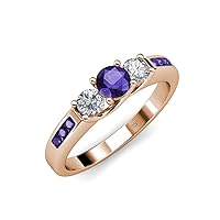 Round Iolite & Diamond Women Three Stone Engagement Ring with Iolite on Side Bar 0.78 ctw 14K Gold