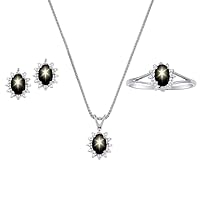 Rylos Matching Jewelry For Women 14K White Gold - Diamond & Black Star Sapphire- Ring, Earring & Pendant Necklaces 6X4MM Color Stone Gemstone Jewelry For Women Gold Jewelry