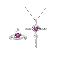 Matching Jewelry Sterling Silver Claddagh Ring & Cross Necklace. Heart Gemstone & Diamonds, 6MM Birthstone; Sizes 5-10.