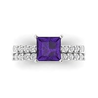 Clara Pucci 2.66ct Princess cut Custom Engraving Pave Natural Purple Amethyst Engagement Ring Band Wedding Bridal Set 14k White Gold 10